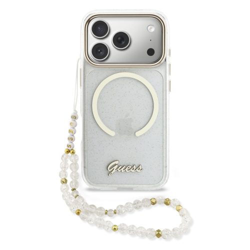 Guess IML Glitter Script Strap Apple iPhone 17 Pro Max csillámos hátlap tok karpánttal, MagSafe, átlátszó-arany
