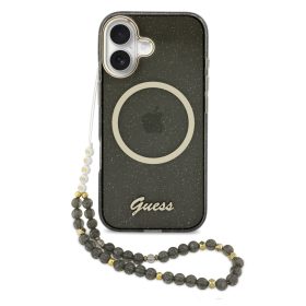  Guess IML Glitter Script Strap Apple iPhone 17 csillámos hátlap tok karpánttal, MagSafe, fekete-arany