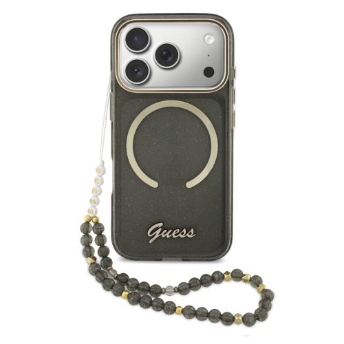 Guess IML Glitter Script Strap Apple iPhone 17 Pro csillámos hátlap tok karpánttal, MagSafe, fekete-arany