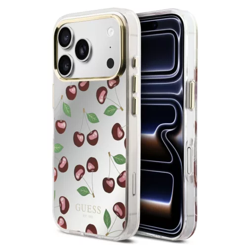 Guess PC/TPU Mirror Glitter Cherry Apple iPhone 17 Pro Max tok kameravédő peremmel, cseresznye minta