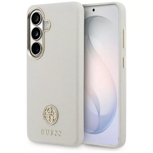 Guess Rhinestone Round Logo Samsung Galaxy S26 Plus mágneses tok, MagSafe, bézs