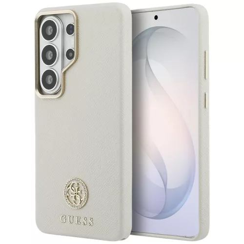 Guess Rhinestone Round Logo Samsung Galaxy S26 Ultra mágneses tok, MagSafe, bézs