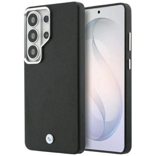 BMW Signature PU Leather Metal Logo Samsung Galaxy S26 Ultra MagSafe hátlap tok kameravédő peremmel, fekete