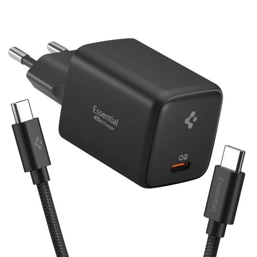 Spigen EE451EU Essential USB-C töltő adapter + USB-C töltő- és adatkábel, 45W, 1m, fekete