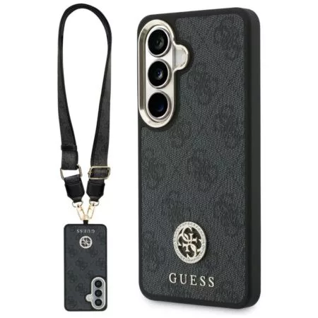 Guess 4G Big Rhinestone Triangle Strap Samsung Galaxy S26 mágneses tok pánttal, MagSafe, fekete