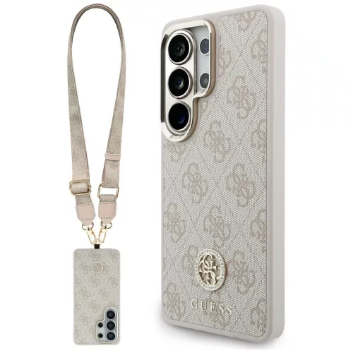 Guess 4G Big Rhinestone Triangle Strap Samsung Galaxy S26 Ultra mágneses tok pánttal, MagSafe, rózsaszín
