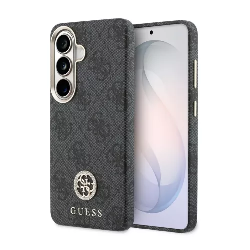 Guess PU Leather 4G Strass Logo Gold Frame Samsung Galaxy S26 mágneses tok, MagSafe, fekete-arany