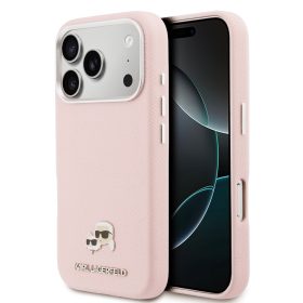   Karl Lagerfeld PU Karl and Choupette Heads Pins Apple iPhone 17 Pro mágneses tok, MagSafe, rózsaszín-ezüst