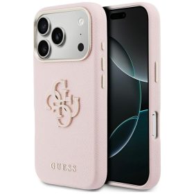   Guess PU Resin Logo Apple iPhone 17 Pro tok kameravédő peremmel, rózsaszín-arany