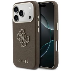   Guess PU Resin Logo Apple iPhone 17 Pro tok kameravédő peremmel, barna-arany