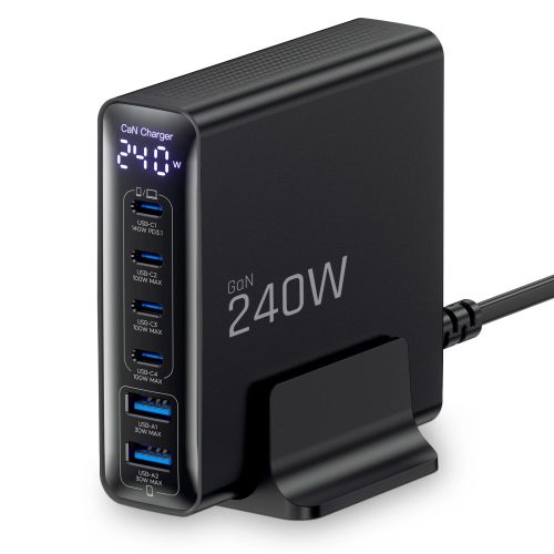 Tech-Protect DC240W 6 portos asztali töltő adapter, USB-C-USB-A, GaN, PD, QC3.0, 240W, fekete