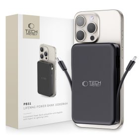   Tech-Protect LifeMag PB31 Powerbank / külső akkumulátor, USB-C kábellel, USB-C-USB-A, kijelző, 10000mAh, 15W, fekete