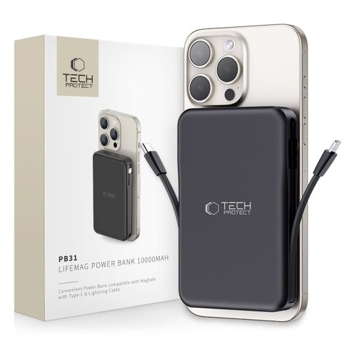Tech-Protect LifeMag PB31 Powerbank / külső akkumulátor, USB-C kábellel, USB-C-USB-A, kijelző, 10000mAh, 15W, fekete