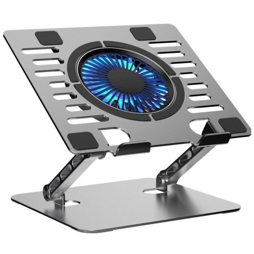 ART P12 állítható / összecsukható asztali notebook / laptop tartó, USB-A, aluminium, LED, ezüst