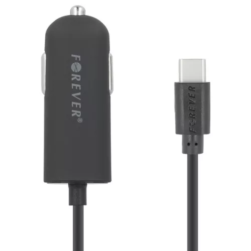 Autós töltő, Szivargyújtós töltő, 5V / 2A, 1 x USB aljzat, USB Type-C kábellel, Forever, fekete, M02