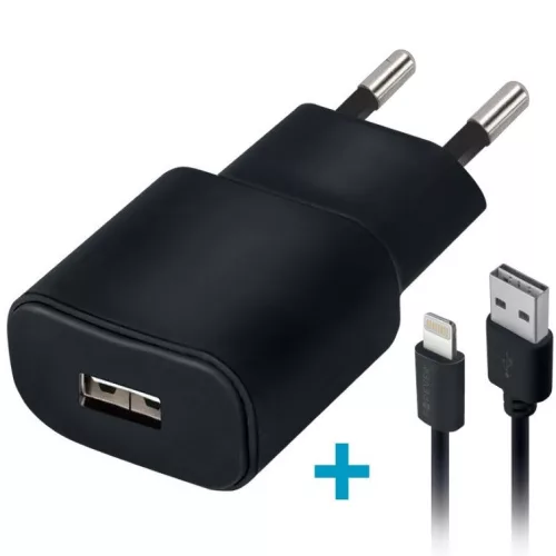 Hálózati töltő adapter, 5V / 2000 mAh, USB aljzat, Lightning kábellel, Forever, fekete, TC-01
