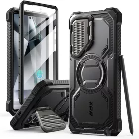   Supcase ArmorBox Samsung Galaxy S25 Ultra ütésálló tok, kijelző védelemmel, kitámasztóval, MagSafe, fekete