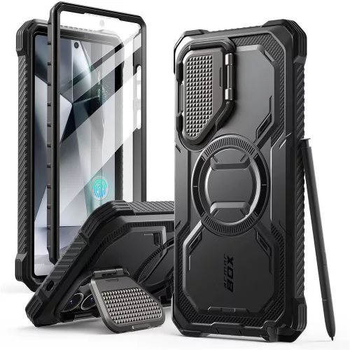 Supcase ArmorBox Samsung Galaxy S25 Ultra ütésálló tok, kijelző védelemmel, kitámasztóval, MagSafe, fekete