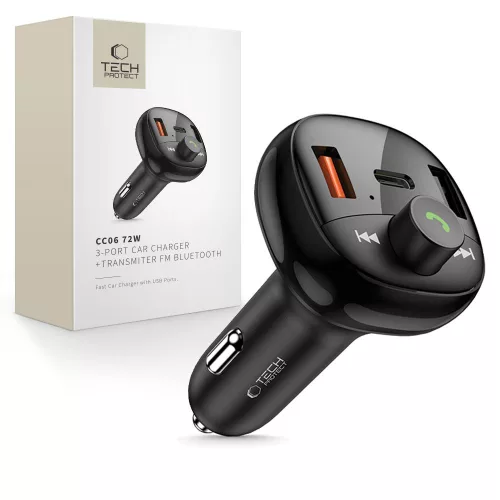 Tech-Protect CC06 bluetooth FM transmitter / autós töltő, 2xUSB-A-UCB-C, PD, 70W, fekete
