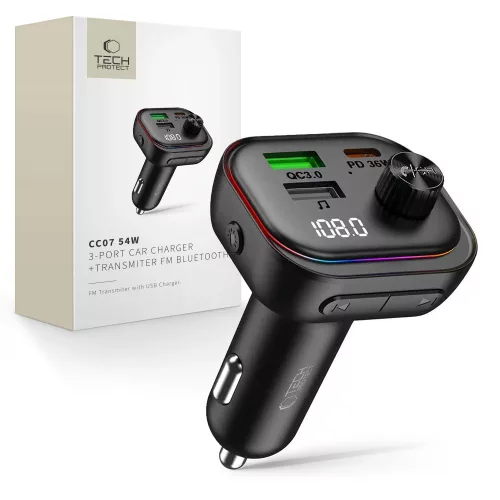 Tech-Protect CC07 bluetooth FM transmitter / autós töltő, USB-A-UCB-C, PD, 54W, fekete