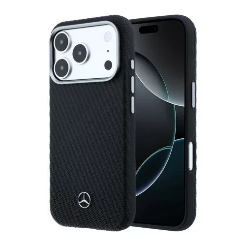 Mercedes PU Leather Semi Wrap Apple iPhone 17 Pro Max MagSafe tok, fekete-ezüst