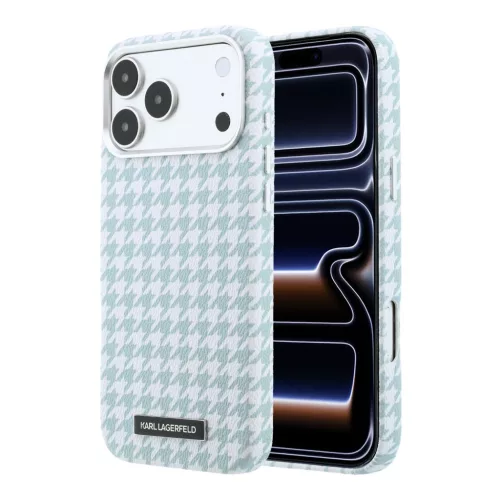 Karl Lagerfeld PU Houndstooth Resin Plate Apple iPhone 17 Pro mágneses tok, MagSafe, kék-fehér