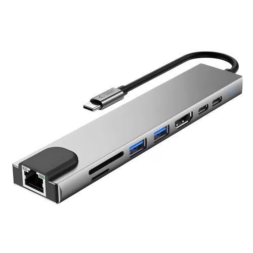 Tech-Protect HB09 Hub adapter USB-C-USB-A-HDMI 4k 60hz, SD/TF, PD100W, RJ45 1000MB/S. ezüst