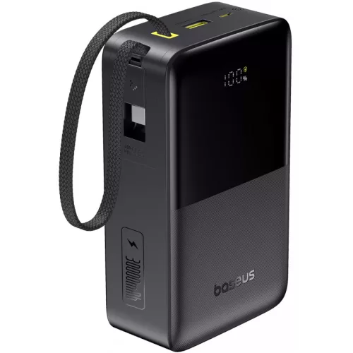 Baseus Bipow 2  Pro Powerbank / külső akkumulátor, USB-A-2xUSB-C, beépített USB-C kábellel, 30.000mAh, QC+PD, fekete