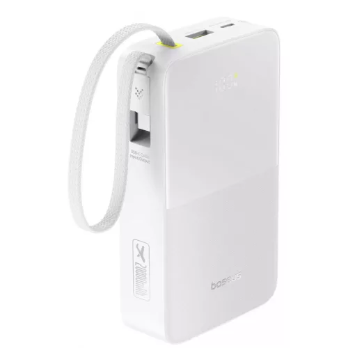 Baseus Bipow 2  Pro Powerbank / külső akkumulátor, USB-A-2xUSB-C, beépített USB-C kábellel, 30.000mAh, QC+PD, fehér