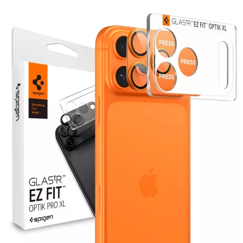 Spigen Glas.tR EZ Fit Apple iPhone 17 Pro tempered glass kameravédő üvegfólia felhelyező kerettel, narancs