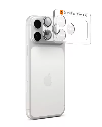Spigen Glas.tR EZ Fit Apple iPhone 17 Pro Max tempered glass kameravédő üvegfólia felhelyező kerettel, ezüst