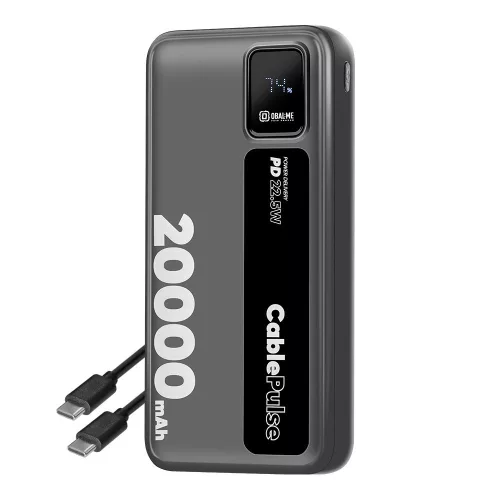 OBAL:ME CablePulse powerbank / külső akkumulátor beépített kábellel, digitális kijelzővel, 20000mAh, 22,5W, fekete