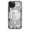 Apple iPhone 15 Plus, Műanyag hátlap védőtok + szilikon keret, Magsafe töltővel kompatibilis, iPhone belső minta, Spigen Ultra Hybrid Zero One Mag, átlátszó/fehér