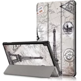   Samsung Galaxy Tab S9 FE Plus (12.4) SM-X610 / X616B, mappa tok, Eiffel torony, térkép minta, Trifold, szürke