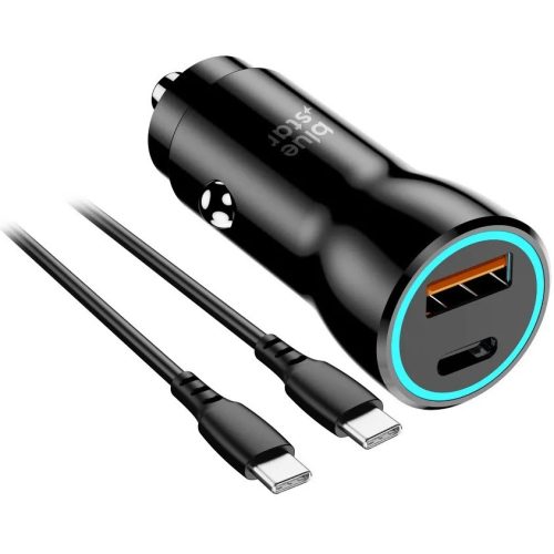 Autós töltő, Szivargyújtós töltő, 30W, USB aljzat, USB Type-C aljzat, USB Type-C - USB Type-C kábellel, gyorstöltés, QC 3.0, PD, AFC, PPS, Blue Star, fekete