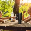 Prémium fémfalú utazó termosz + pohár, 1200 ml, hőtartó, szívószállal, fogantyúval, Tumbler, sötétkék