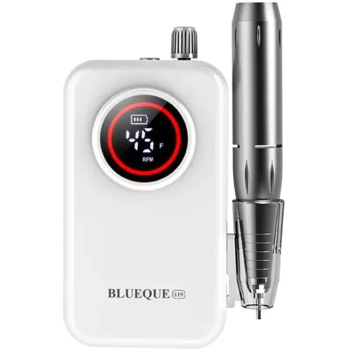 Elektromos körömcsiszoló gép, akkumulátoros, kijelzővel, hordozható, övcsipesszel, Blueque BQ-119, fehér