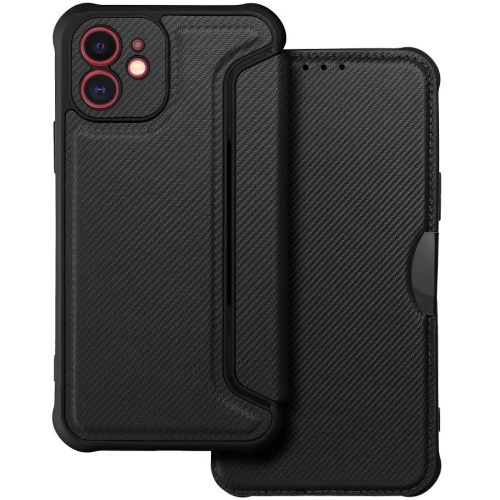 Apple iPhone Air (2025), Oldalra nyíló tok, légpárnás sarok, bőrhatású, karbon minta, Razor Book, fekete