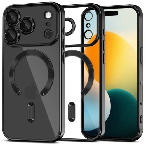 Apple iPhone 17 Pro, Műanyag hátlap védőtok + szilikon keret, közepesen ütésálló, Magsafe töltővel kompatibilis, fényes keret, Magflex Magsafe, átlátszó/fekete