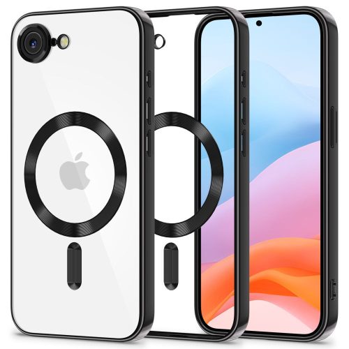 Apple iPhone 16e / 17e, Műanyag hátlap védőtok + szilikon keret, közepesen ütésálló, Magsafe töltővel kompatibilis, fényes keret, Magflex Magsafe, átlátszó/fekete