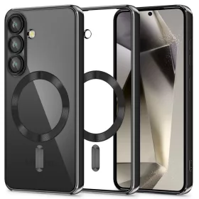   Samsung Galaxy S25 FE SM-S731, Műanyag hátlap védőtok + szilikon keret, közepesen ütésálló, Magsafe töltővel kompatibilis, fényes keret, Magflex Magsafe, átlátszó/fekete