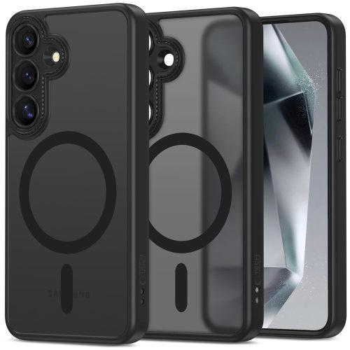 Samsung Galaxy S25 SM-S931, Műanyag hátlap védőtok + szilikon keret, Magsafe töltővel kompatibilis, kameravédő kerettel, Magcam Magsafe, áttetsző/fekete