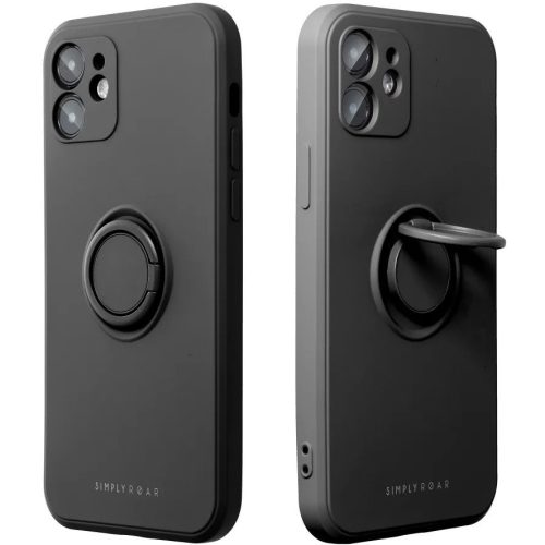 Apple iPhone 15 Pro Max, Szilikon tok, stand, telefontartó gyűrű, Roar Amber, fekete