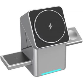   Univerzális vezeték nélküli töltő állomás 3in1, Qi Wireless, 15W, asztali tartó, mágneses, forgatható, Magsafe kompatibilis eszközökhöz, Geometric Charger, ezüst