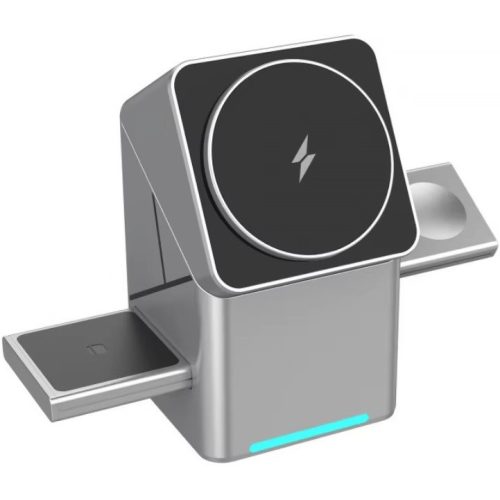 Univerzális vezeték nélküli töltő állomás 3in1, Qi Wireless, 15W, asztali tartó, mágneses, forgatható, Magsafe kompatibilis eszközökhöz, Geometric Charger, ezüst