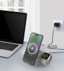 Univerzális vezeték nélküli töltő állomás 3in1, Qi Wireless, 15W, asztali tartó, mágneses, forgatható, Magsafe kompatibilis eszközökhöz, Geometric Charger, ezüst
