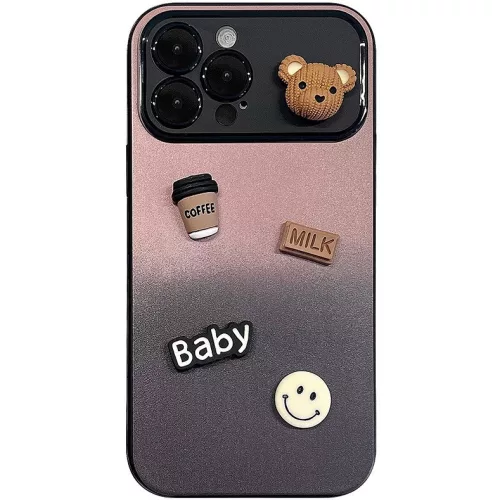 Apple iPhone 14, Szilikon tok, színátmenetes, 3D maci, kávé, smile minta, Teddy Bear Coffee Case, rózsaszín/fekete