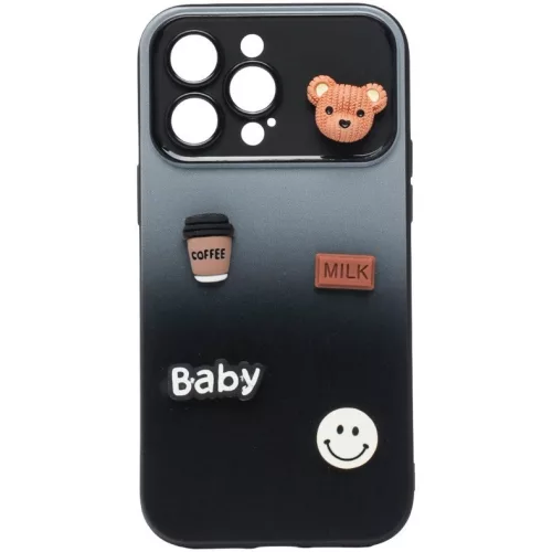 Apple iPhone 15, Szilikon tok, színátmenetes, 3D maci, kávé, smile minta, Teddy Bear Coffee Case, szürke/fekete