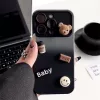Apple iPhone 15, Szilikon tok, színátmenetes, 3D maci, kávé, smile minta, Teddy Bear Coffee Case, szürke/fekete
