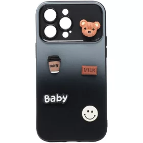   Apple iPhone 16, Szilikon tok, színátmenetes, 3D maci, kávé, smile minta, Teddy Bear Coffee Case, szürke/fekete
